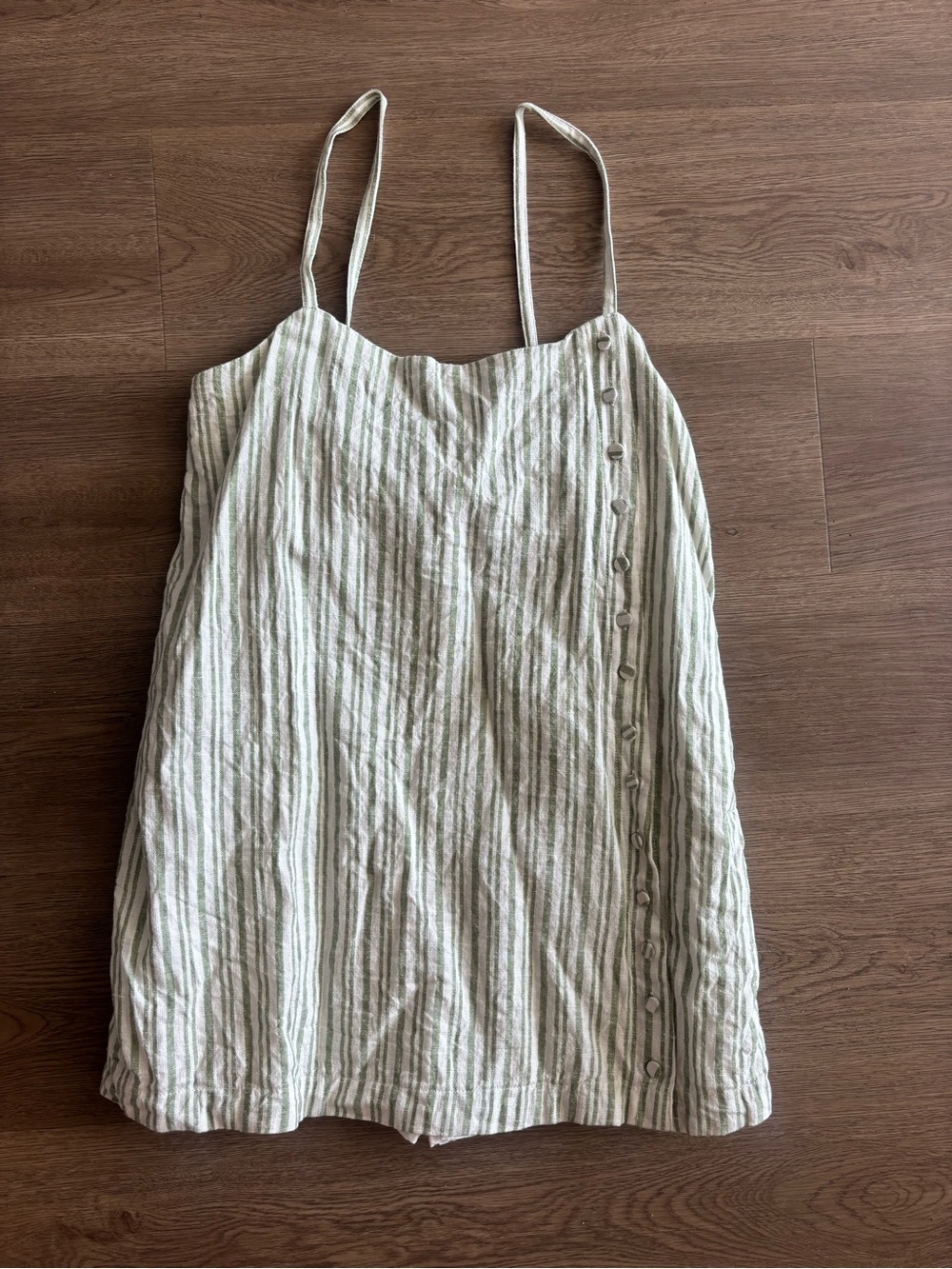 Abercrombie Striped Linen-Blend Button Side Sundress in Sage and Cream